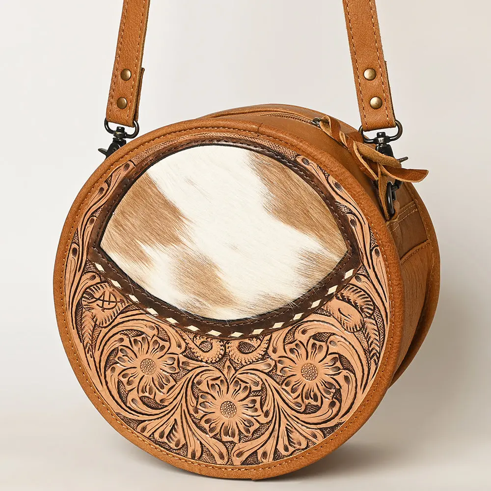 American Darling Canteen Bag Hand Tooled Floral Carved Hair-On Cowhide Genuine Leather Purse Buck Stitched Ykk Zipper 1