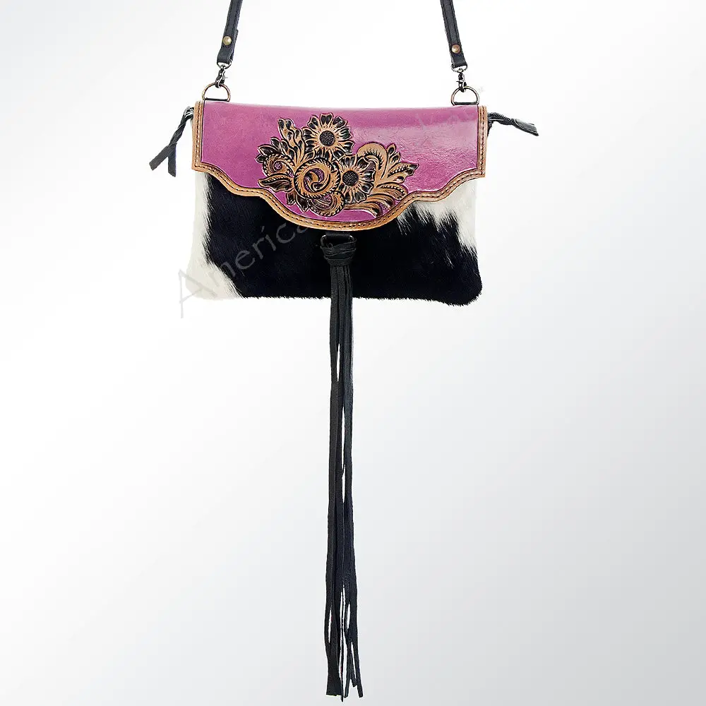 American Darling Wallet Bag Hand Tooled Floral Carved Hair-On Cowhide Genuine Leather Purse With Ykk Zipper 1