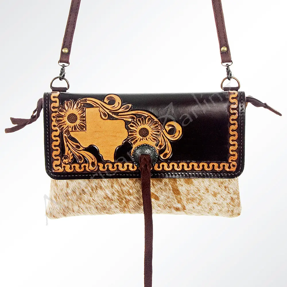 American Darling Wallet Bag Hand Tooled Floral Carved Hair-On Cowhide Genuine Leather Purse Tassels With Ykk Zipper 1