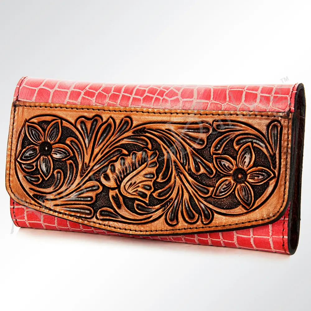 American Darling Wallet Bag Hand Tooled Floral Carved Rose Genuine Leather Purse With Ykk Zipper 1