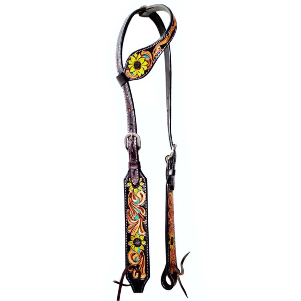 Bar H Equine Sunflower Floral Hand Carved Horse Leather One Ear Headstall Brown 1