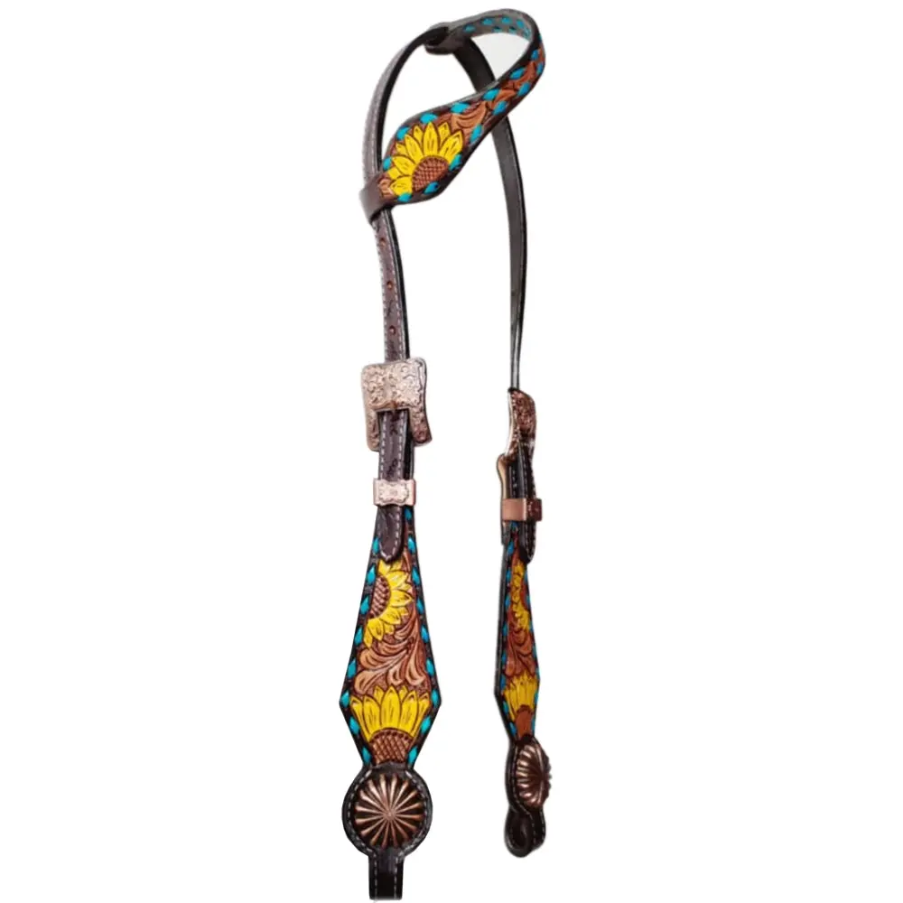 Bar H Equine Horse Leather Pinwheel Sunflower Floral One Ear Headstall Dark Brown 1