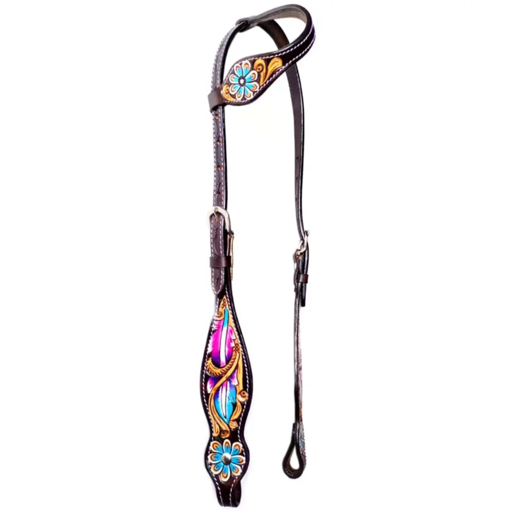 Bar H Equine Horse Leather Floral Feather One Ear Headstall Dark Brown 1