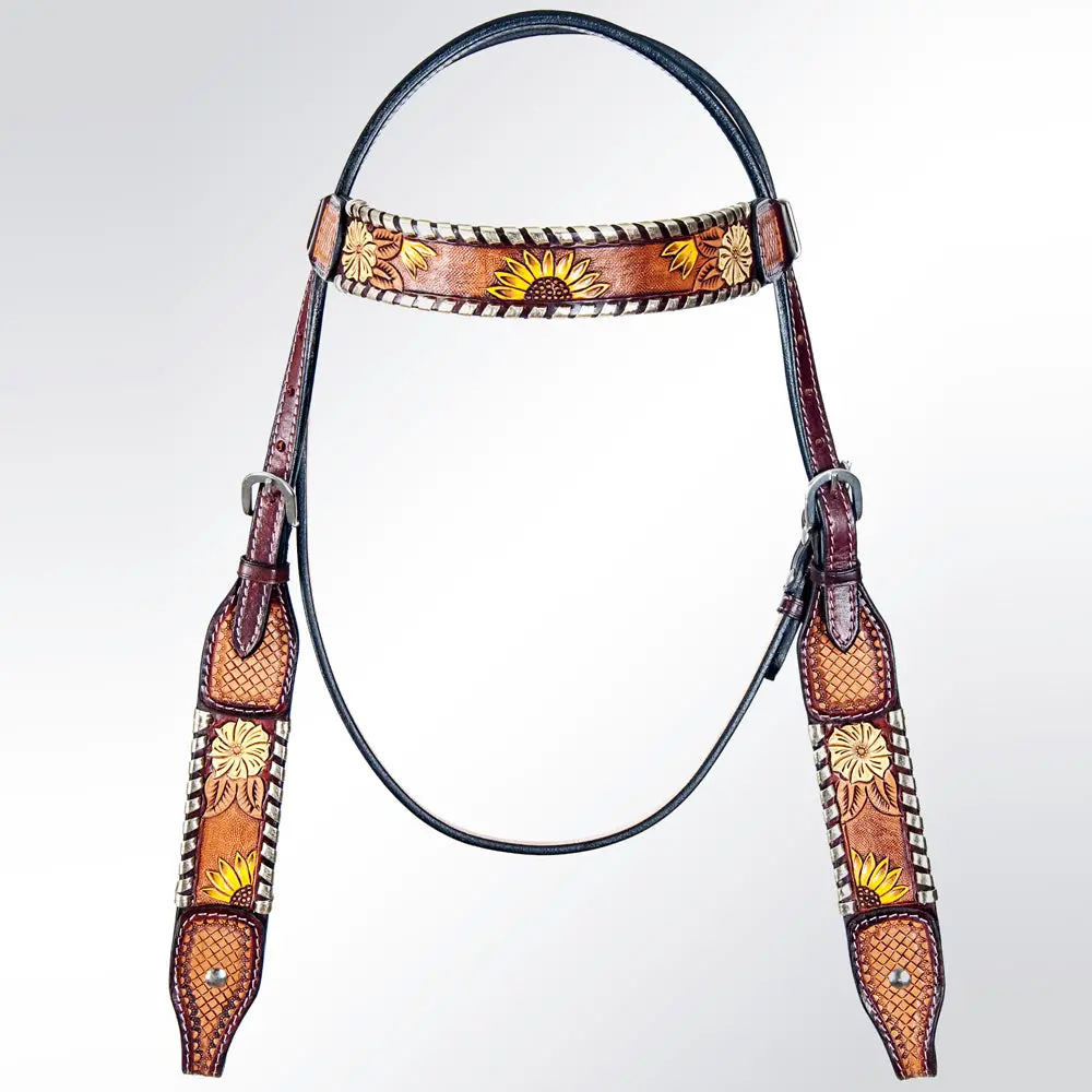 American Darling Adpaf122-Hs Western Horse Floral Headstall Genuine Leather Tan 1