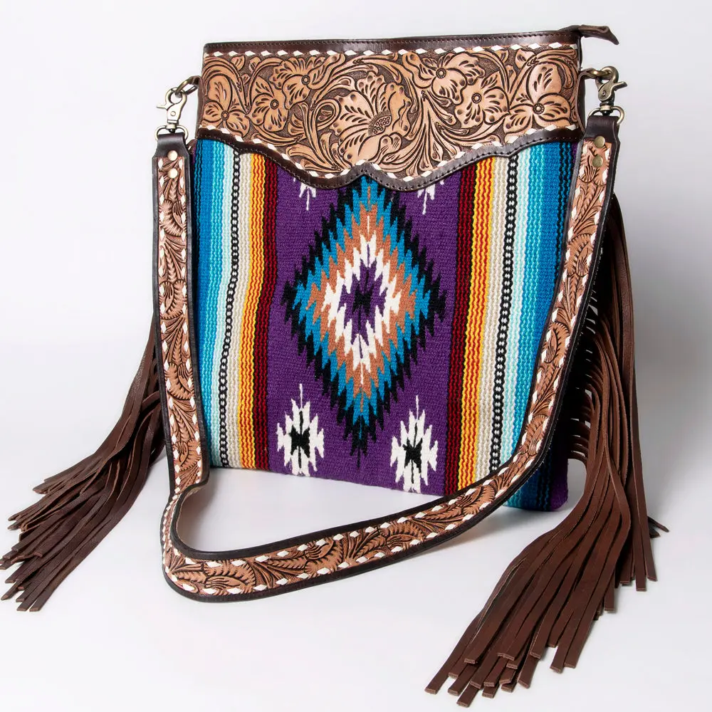 American Darling Cross Body Bag Western Hand Tooled Floral Genuine Leather With Hand Woven Saddle Blanket And Fringes 1