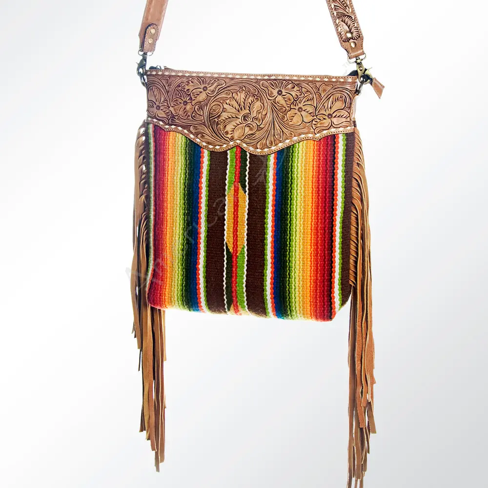 American Darling Cross Body Bag Western Hand Tooled Floral Genuine Leather With Hand Woven Saddle Blanket And Fringes 1
