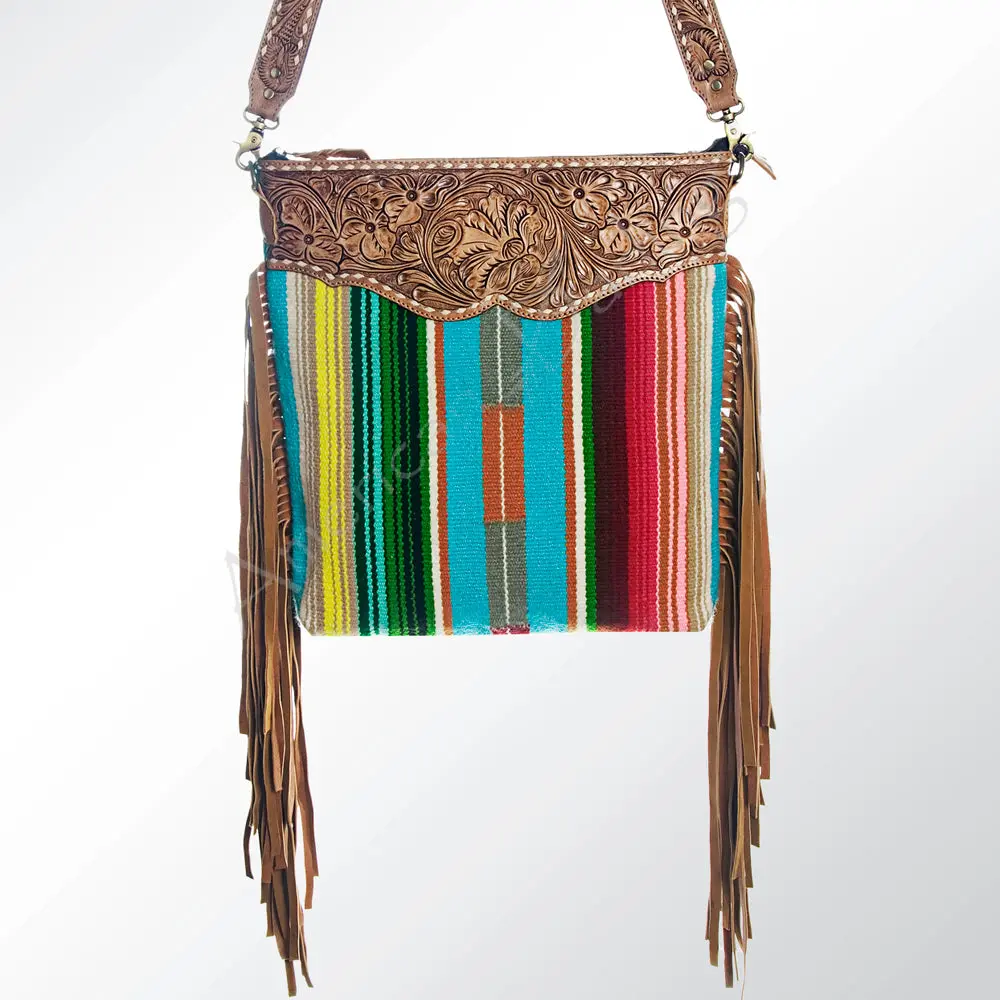American Darling Cross Body Bag Western Hand Tooled Floral Genuine Leather With Hand Woven Saddle Blanket And Fringes 1
