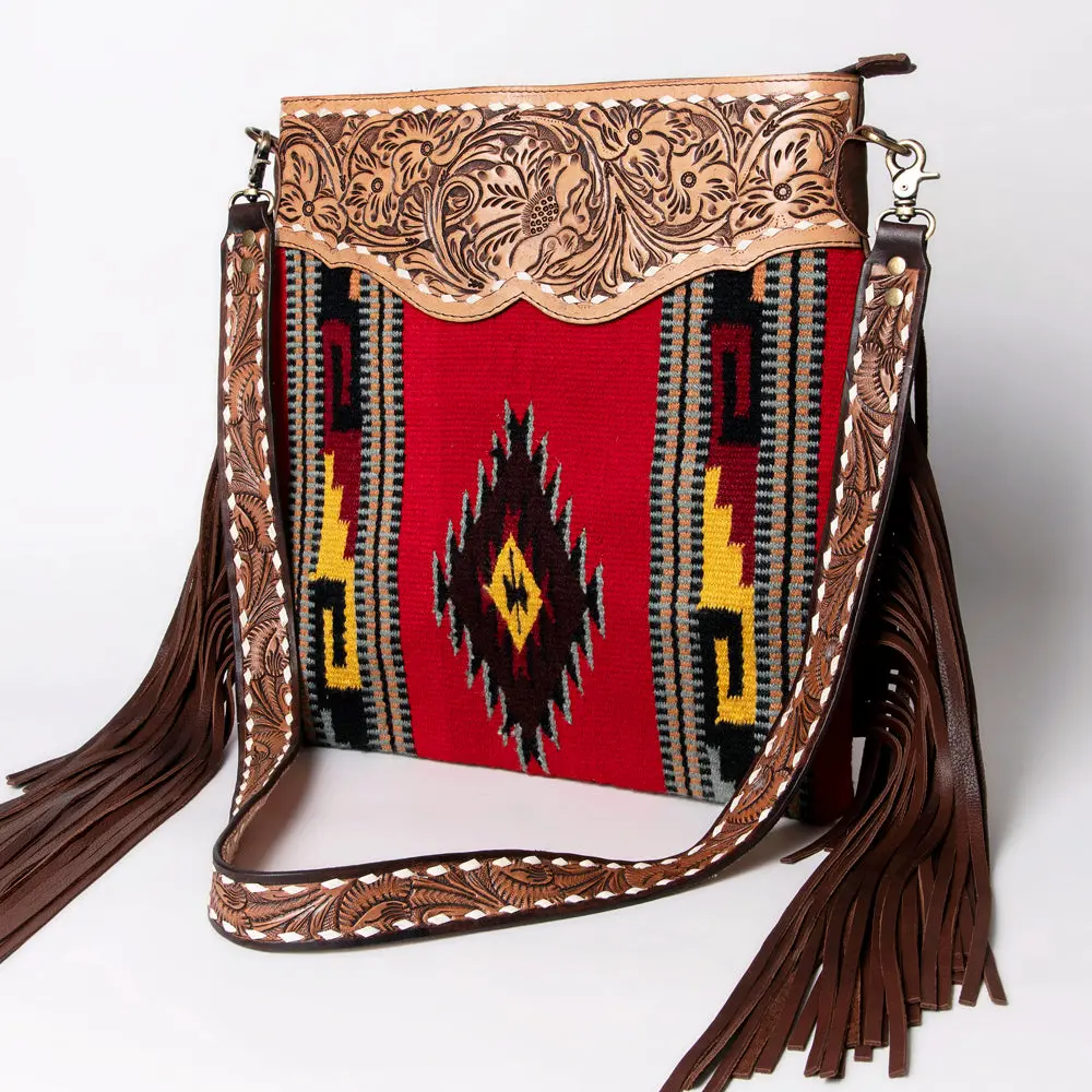 American Darling Large Cross Body Bag, Hand Tooled Floral Leather & Woven Saddle Blanket Purse With Fringe And Buck Stitching 1