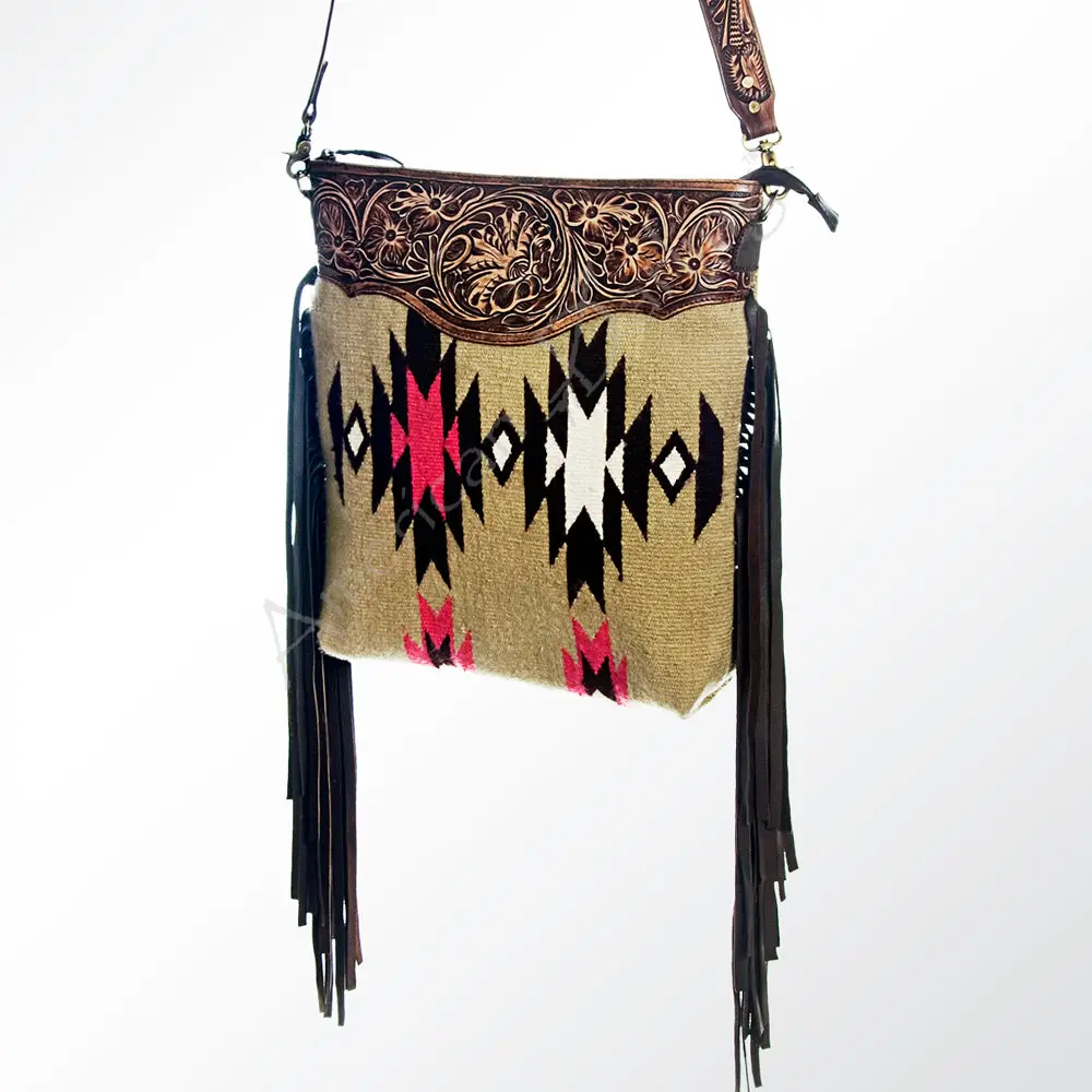 American Darling Large Cross Body Bag, Hand Tooled Floral Leather & Woven Saddle Blanket Purse With Fringe And Ykk Zipper 1