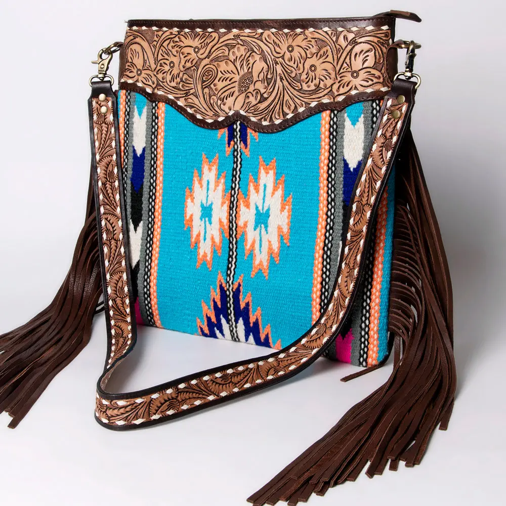 American Darling Large Cross Body Bag, Hand Tooled Floral Leather & Woven Saddle Blanket Purse With Fringe And Buck Stitching 1