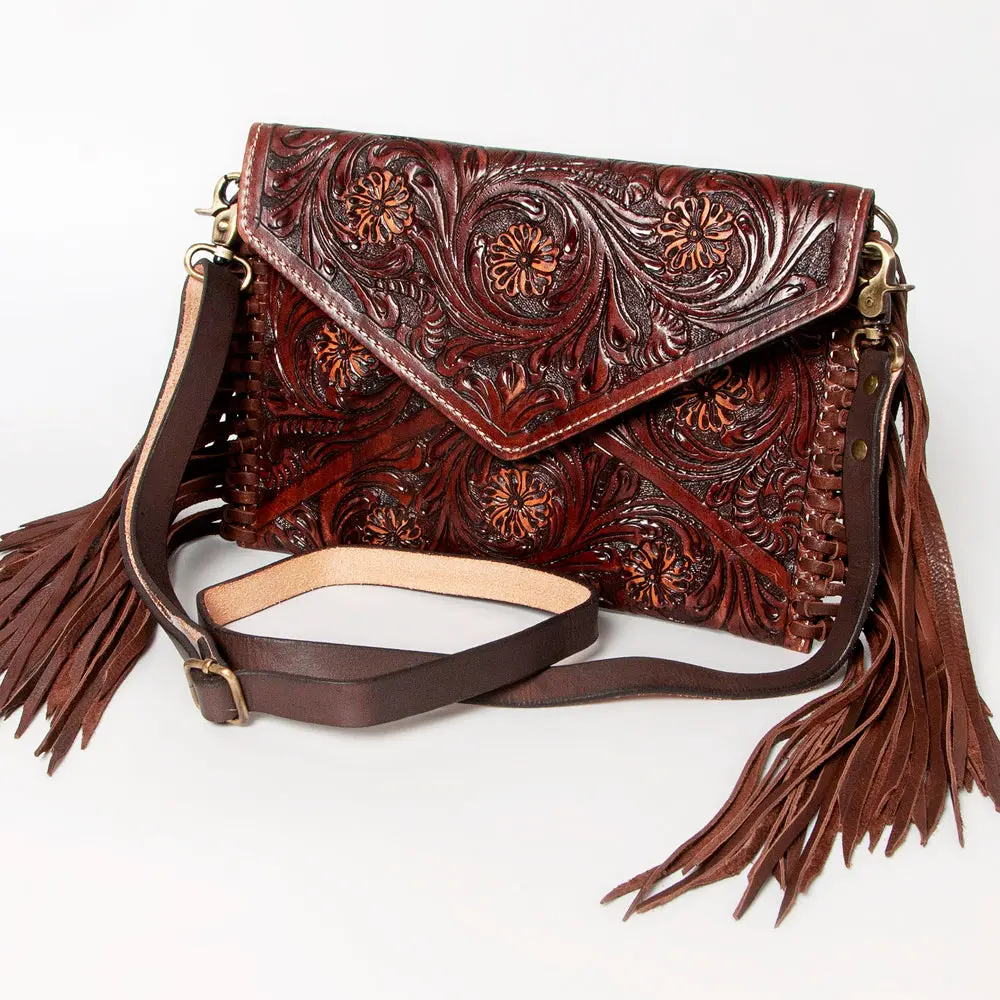 American Darling Large Cross Body Bag, Hand Tooled Floral Leather & Woven Saddle Blanket Purse With Fringe And Buck Stitching 1