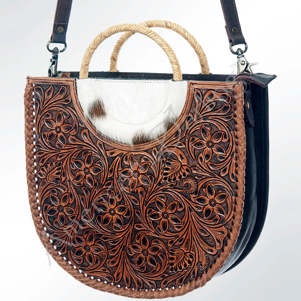 American Darling Tote Bag Hand Tooled Floral Carved Hair-On Cowhide Genuine Leather Western Purse With Ykk Zipper 1