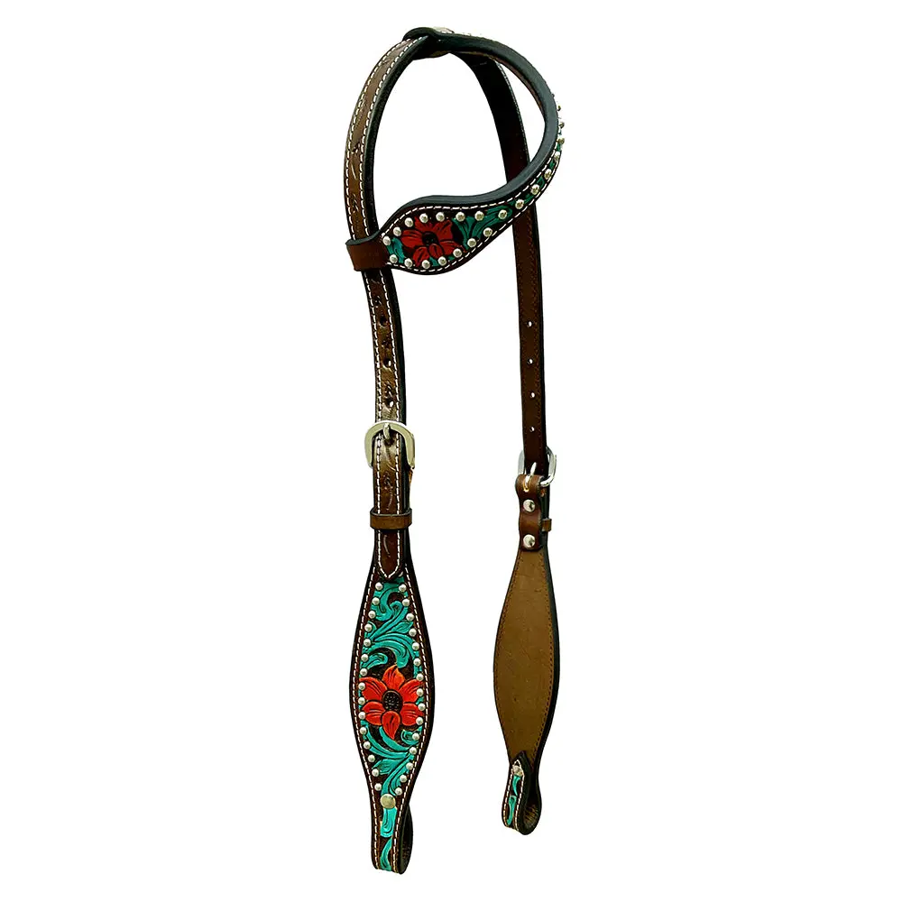 Bar H Equine American Leather Horse Saddle Tack One Ear Headstall Breast Collar Browband Wither Strap Set Botanic Chiseled 1