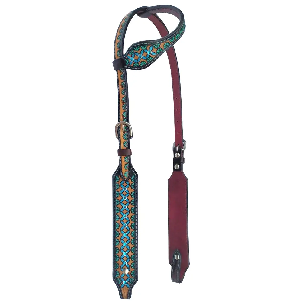 Bar H Equine American Leather Horse Saddle Tack One Ear Headstall Breast Collar Browband Wither Strap Set Turquoise Symmetry 1