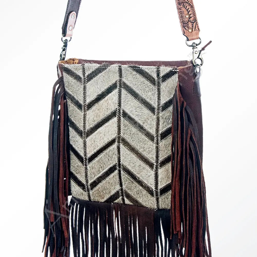 American Darling Large Cross Body Bag Hair-On Cowhide Genuine Leather Western Purse With Fringes And Tooled Strap 1