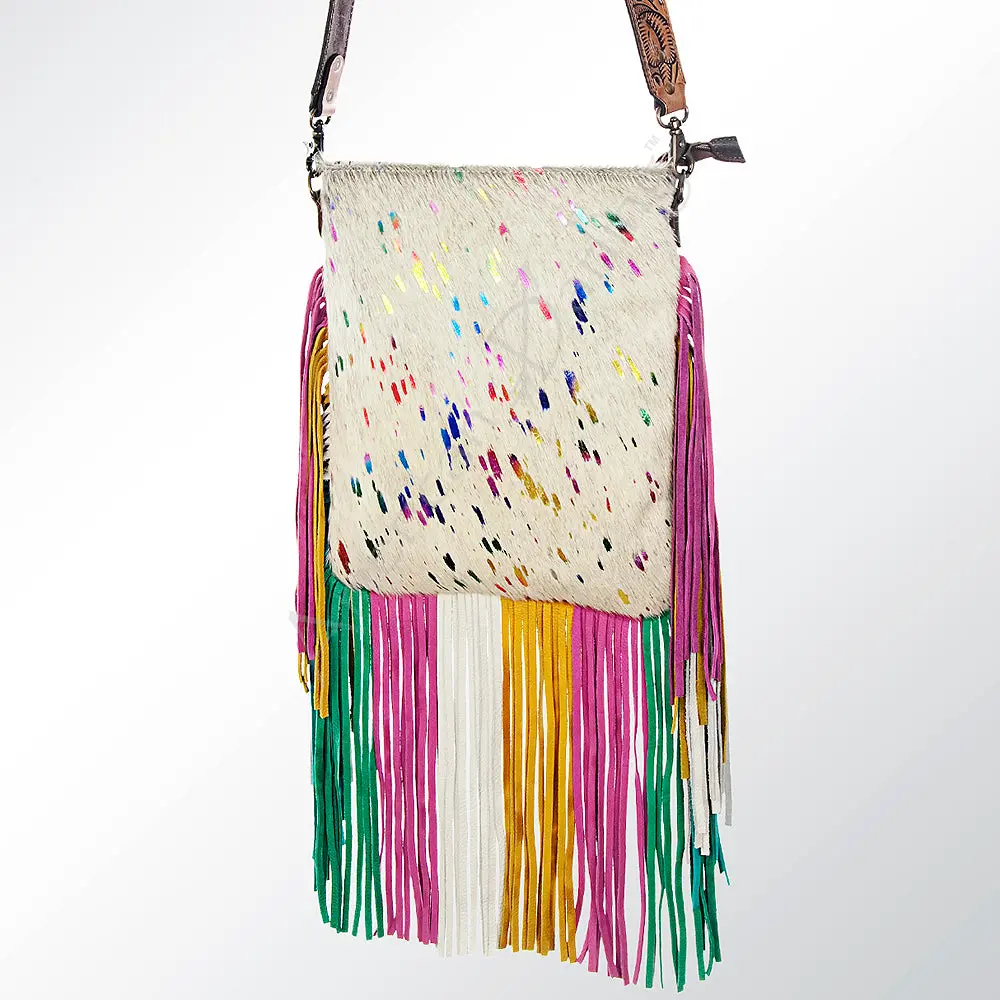 American Darling Large Cross Body Bag Hair-On Cowhide Genuine Leather Western Purse With Fringes And Tooled Strap 1