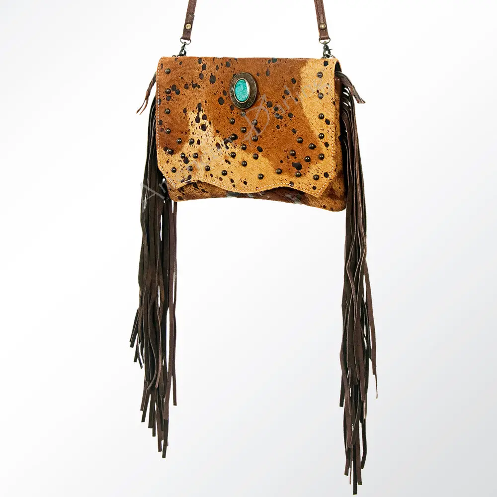 American Darling Small Cross Body Bag Hair-On Cowhide Genuine Leather Western Purse With Turquoise Concho And Fringes 1