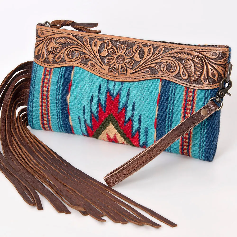 American Darling Wristlet Bag Hand Tooled Floral Carved Saddle Blanket Genuine Leather Western Purse With Fringes 1