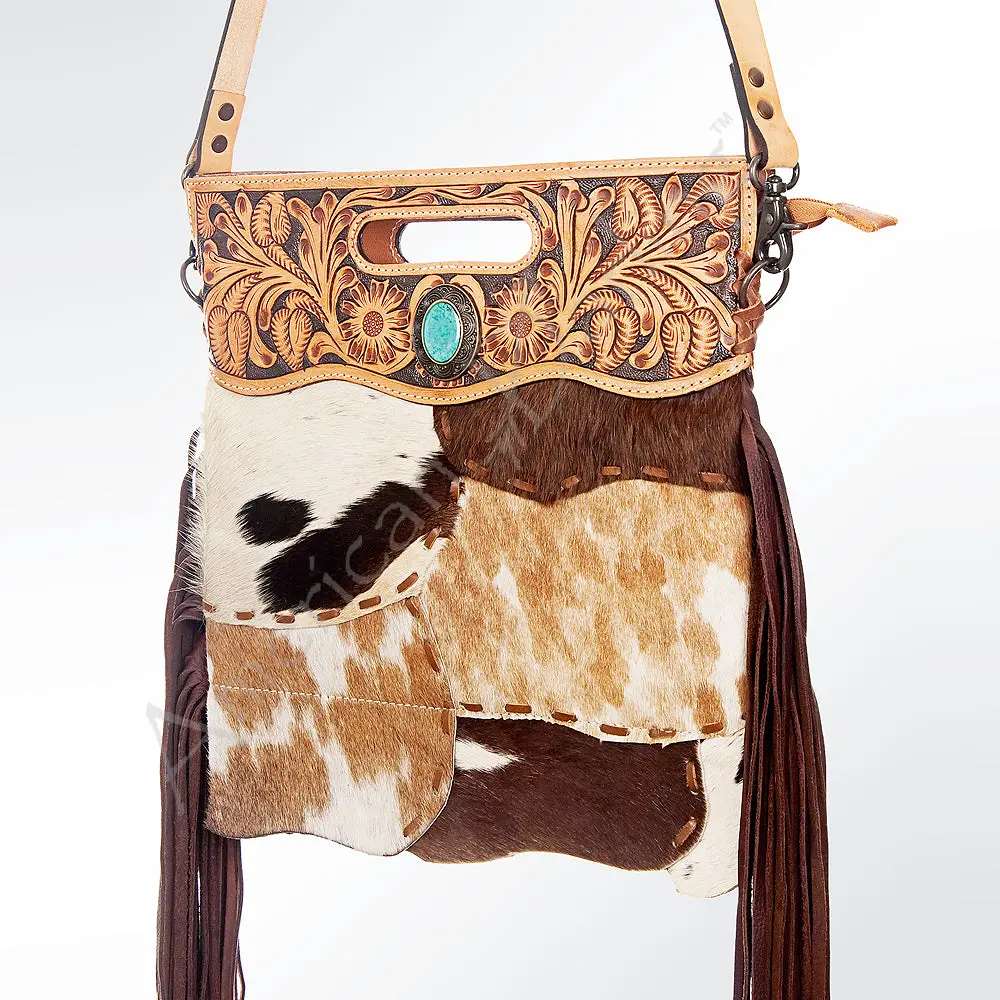 American Darling Clutch Bag Hand Tooled Floral Carved Hair-On Cowhide Genuine Leather Western Bag With Fringes & Ykk Zipper 1