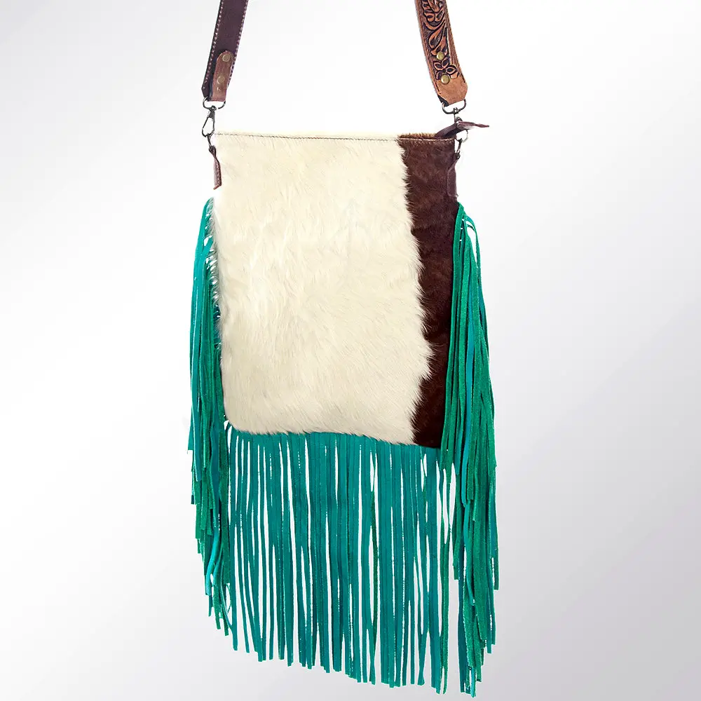 American Darling Large Cross Body Bag, Hand Tooled Floral Carved Strap Vegetable-Tanned Leather, Hair-On Cowhide Western Fringed Bag 1