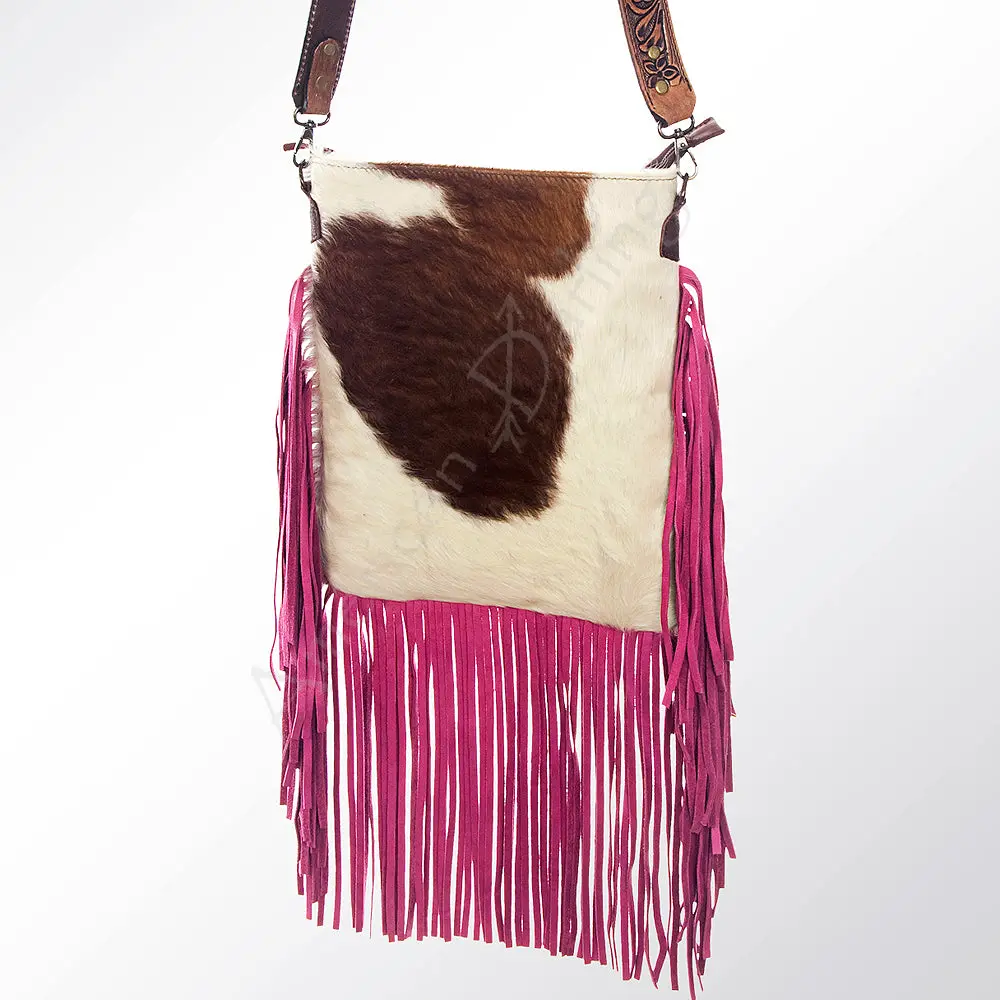 American Darling Large Cross Body Bag, Hand Tooled Floral Carved Strap Vegetable-Tanned Leather, Hair-On Cowhide Western Fringed Bag 1