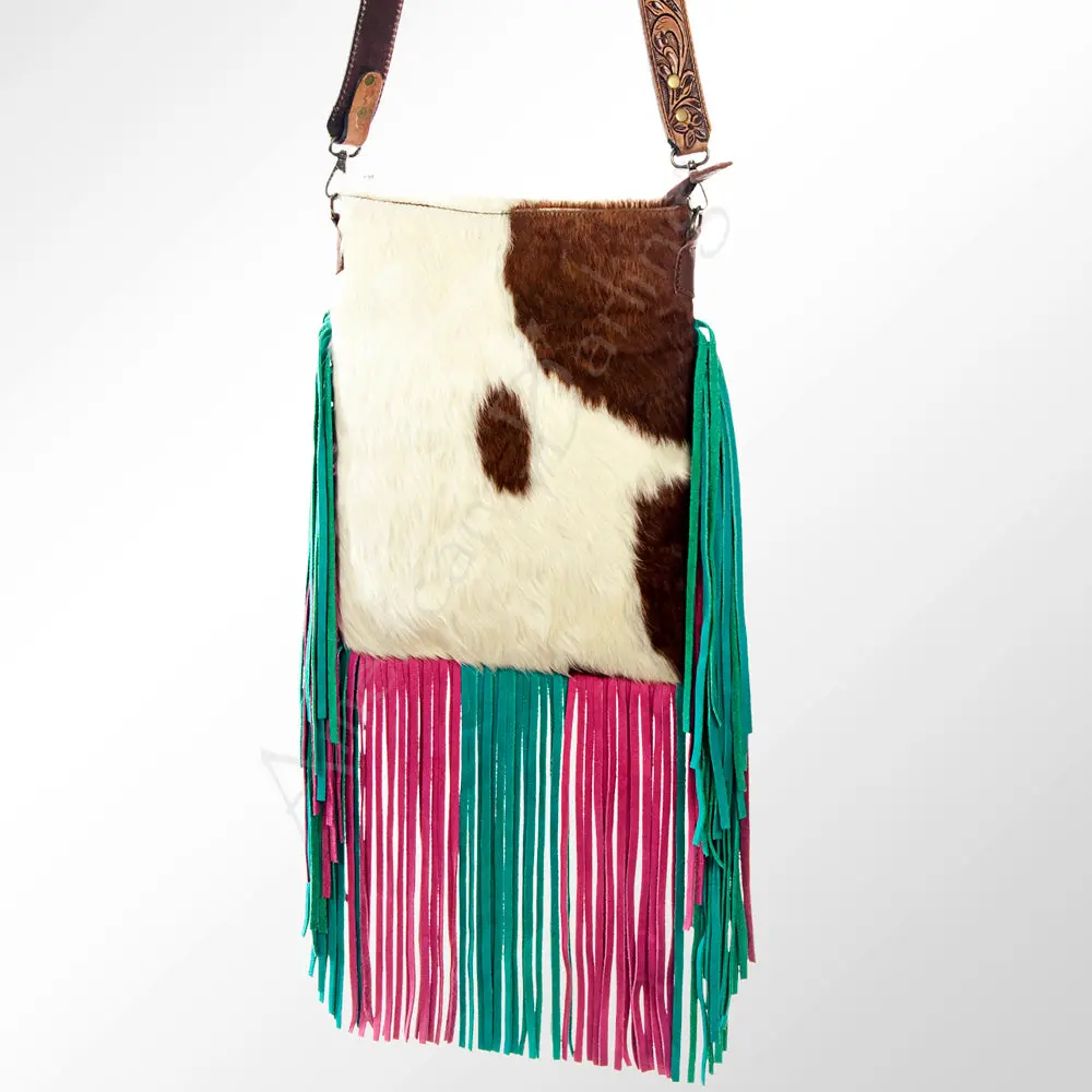 American Darling Large Cross Body Bag, Hand Tooled Floral Carved Strap Vegetable-Tanned Leather, Hair-On Cowhide Western Fringed Bag 1