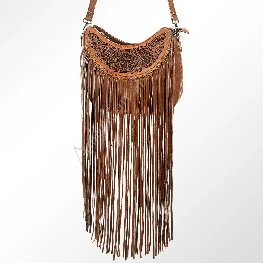 American Darling Small Cross Body Bag, Hand Tooled Floral Carved Vegetable-Tanned Leather, Western Fringed Purse 1