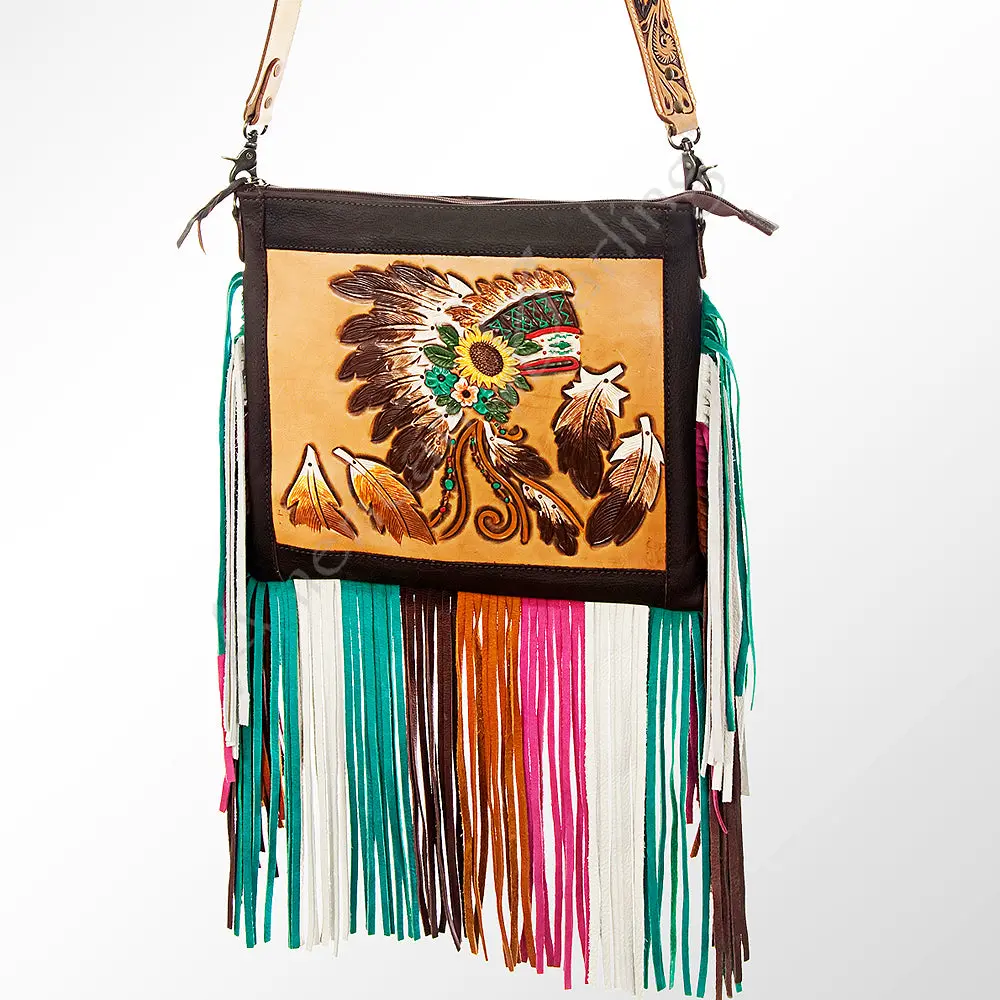 American Darling Cross Body Bag Hand-Tooled Floral Genuine Leather Western Purse With Fringes And Ykk Zipper For Women 1
