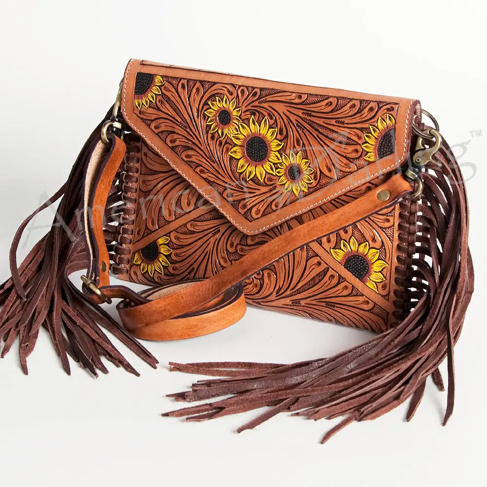 American Darling Envelope Bag, Hand Tooled Floral Leather Crossbody Purse With Fringe And Ykk Zipper 1