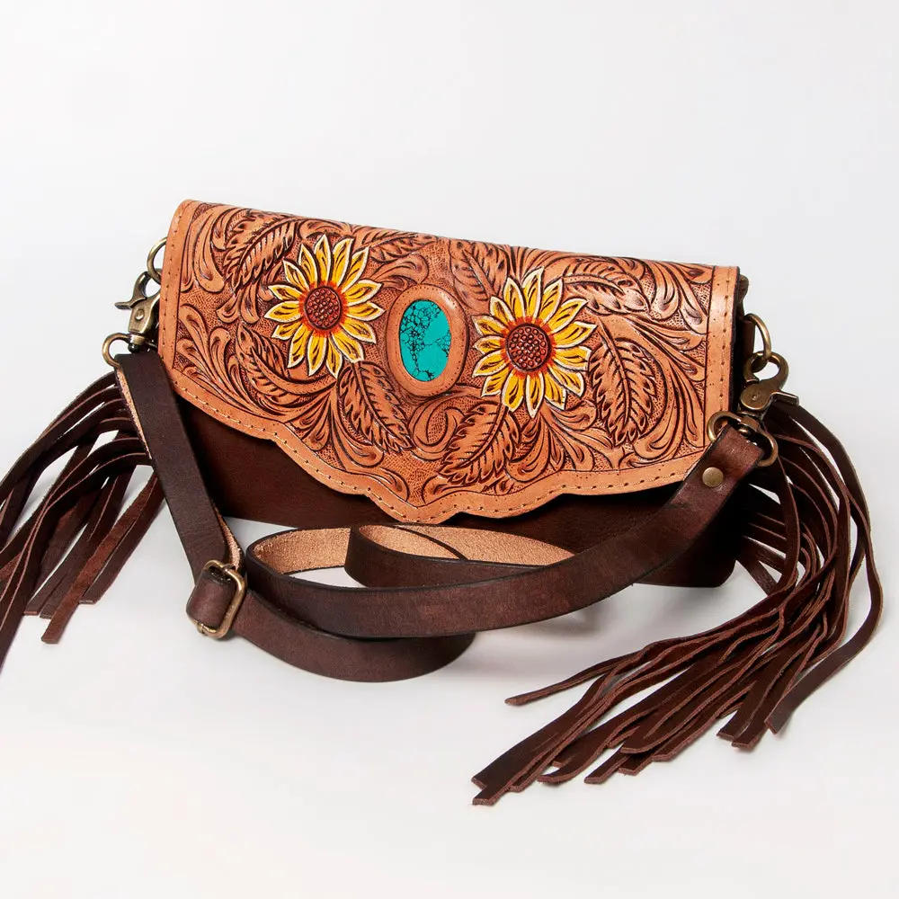 American Darling Wallet, Hand Tooled Floral Leather Crossbody Purse With Fringe, Turquoise Stone And Ykk Zipper 1