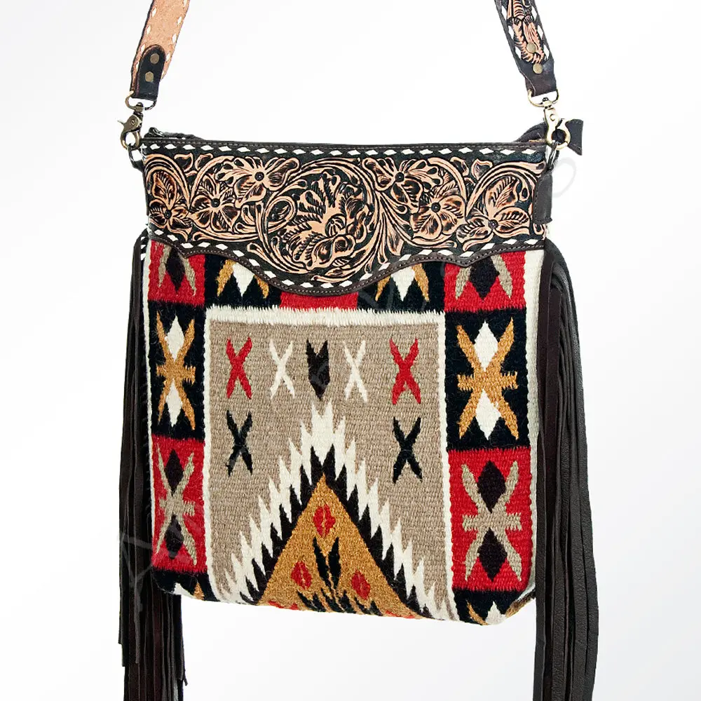 American Darling Cross Body Bag Hand Woven Saddle Blanket Floral Tooled Genuine Leather With Fringes Western Purse 1