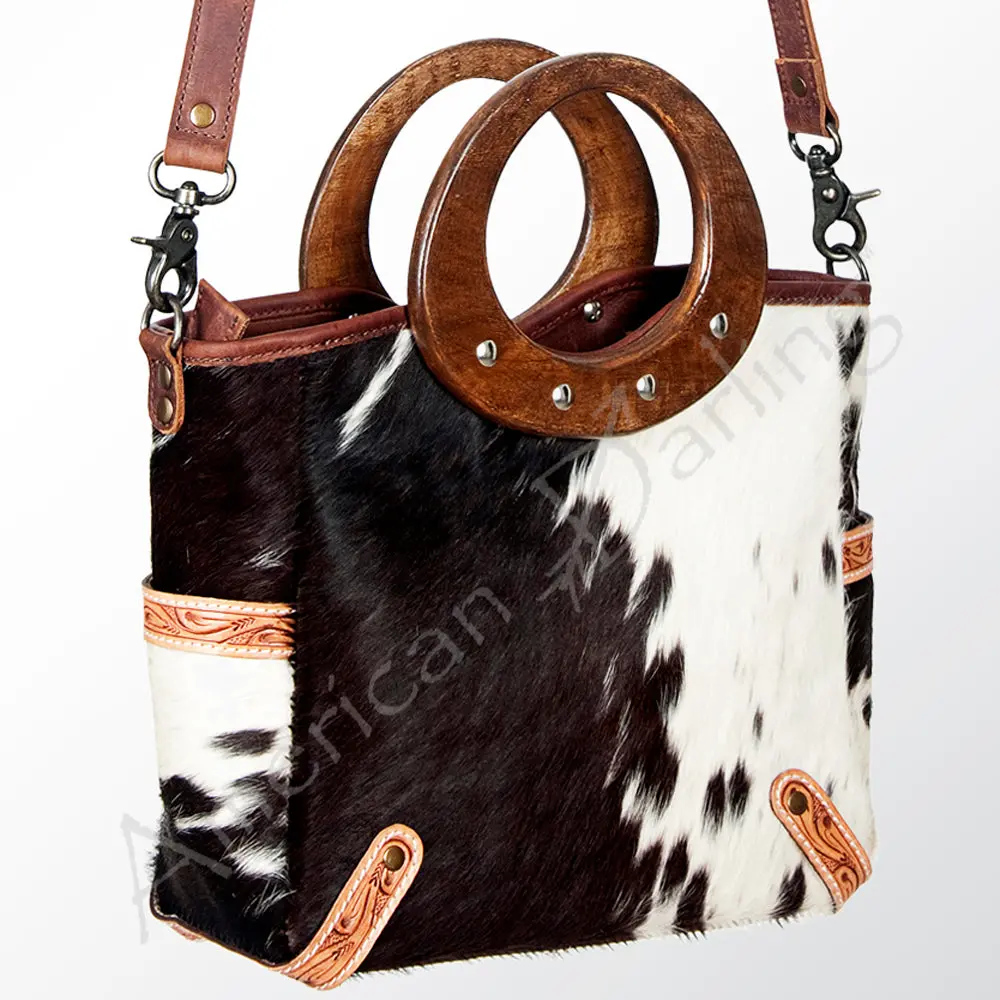 American Darling Tote Bag Hair-On Cowhide Genuine Leather Western Purse With Hand Tooled Trim Rivets And Ykk Zipper 1