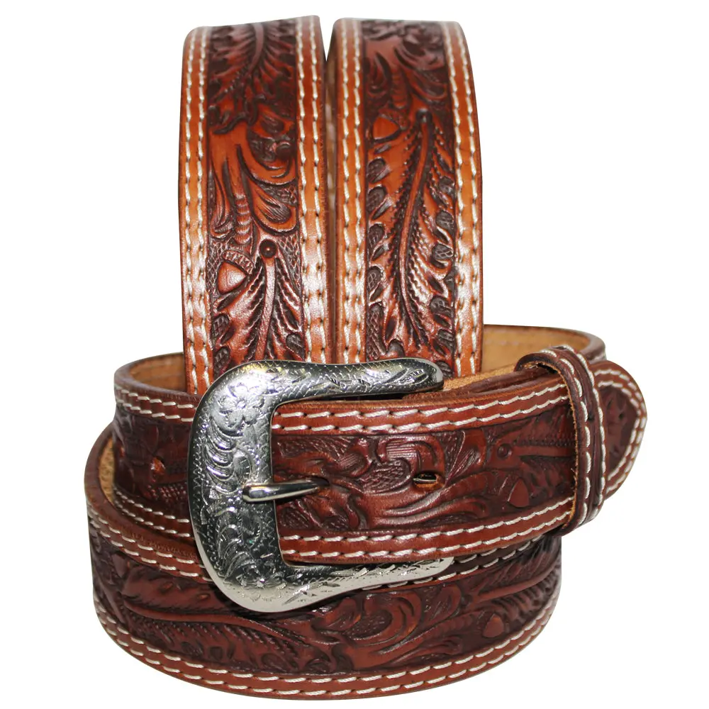 Hilason Western Genuine Leather Belt Cowboy Cowgirl Unisex Engraved Buckle 1