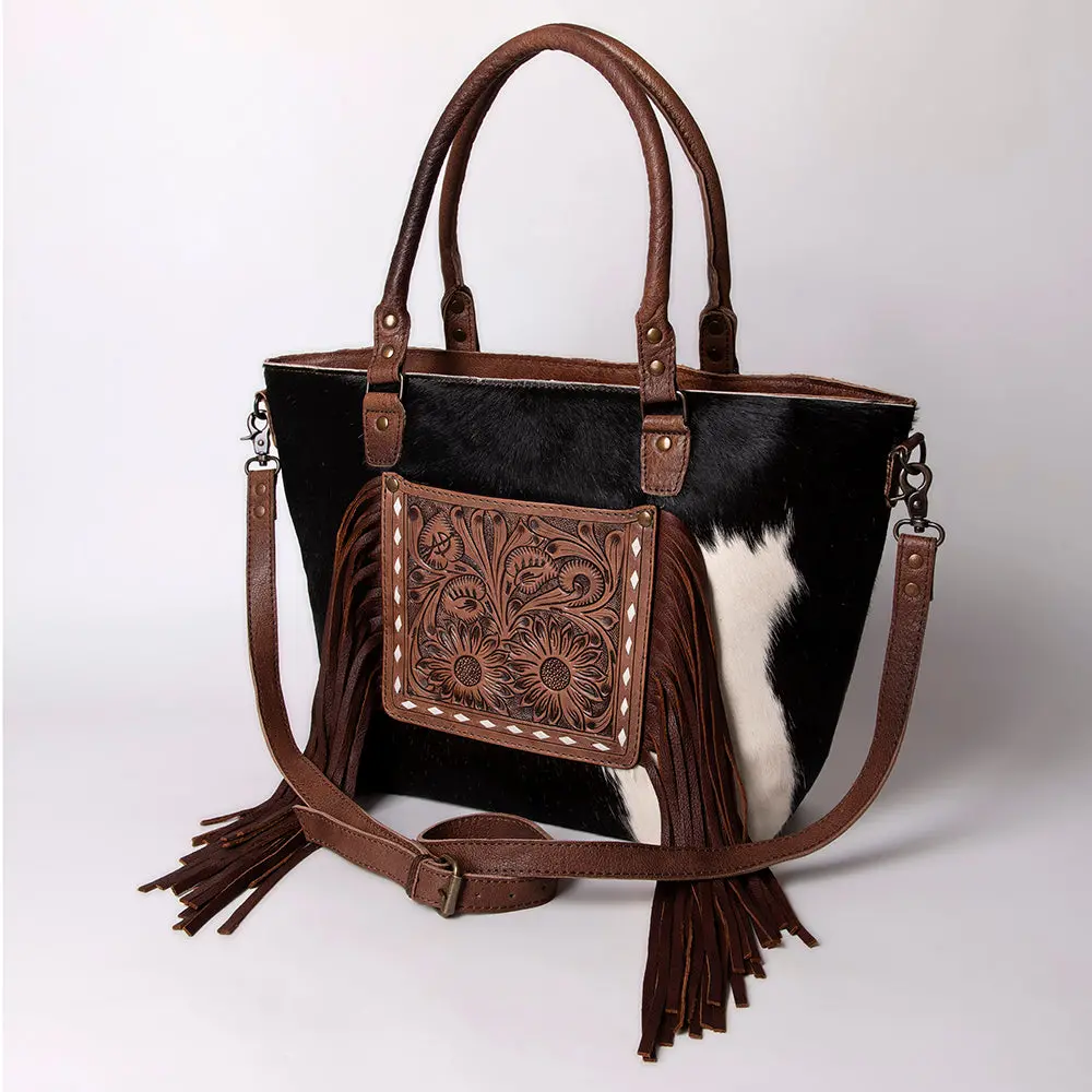 American Darling Tote Bag Hand Tooled Floral Carved Cowhide Genuine Leather Western Purse With Fringes & Ykk Zipper 1