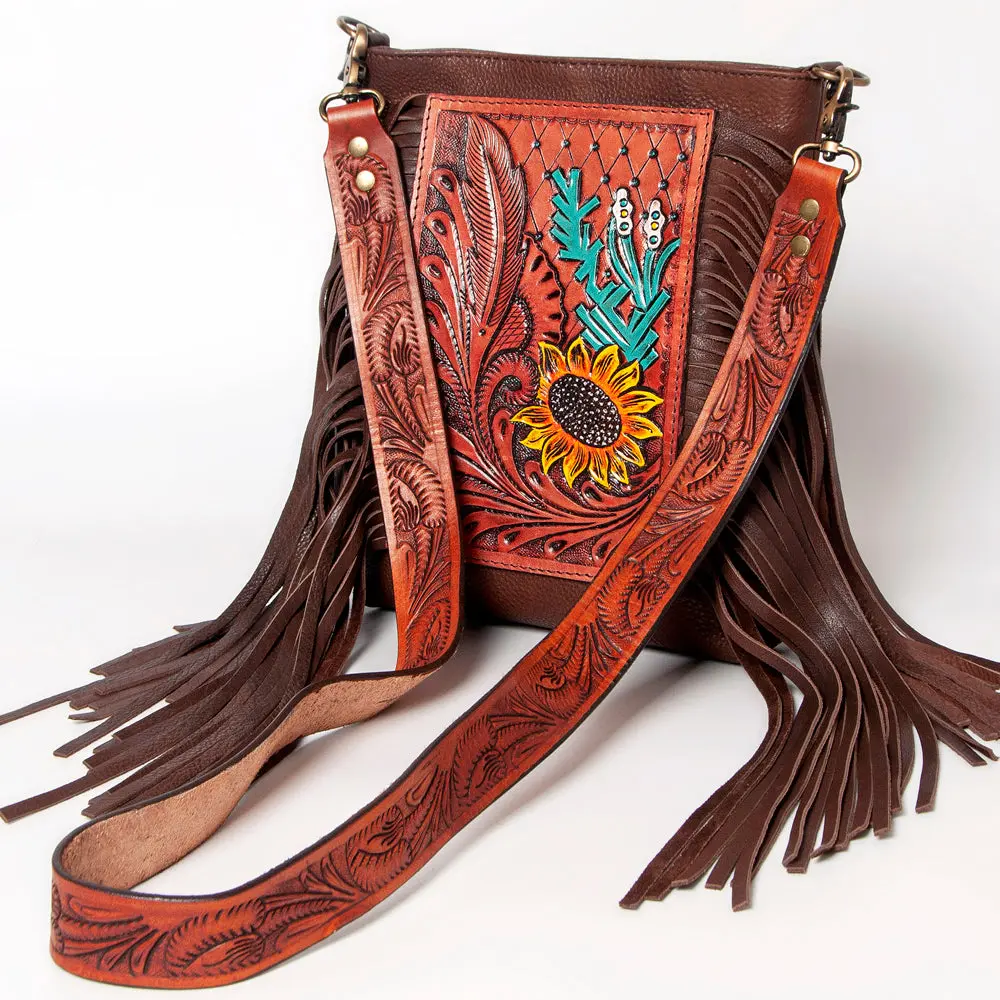 American Darling Cross Body Bag Hand Tooled Floral Carved Genuine Leather With Fringes Western Purse 1