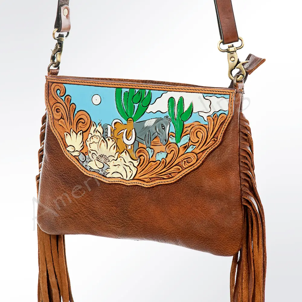 American Darling Large Cross Body Bag Hand Tooled Floral Carved Genuine Leather With Fringes Western Purse 1