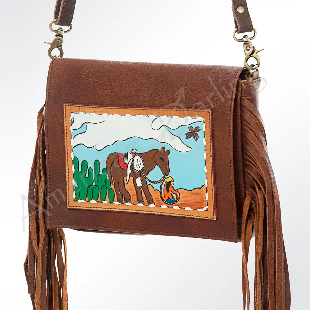 American Darling Small Cross Body Bag Hand Tooled Buck Stitched Genuine Leather With Fringes Western Purse 1