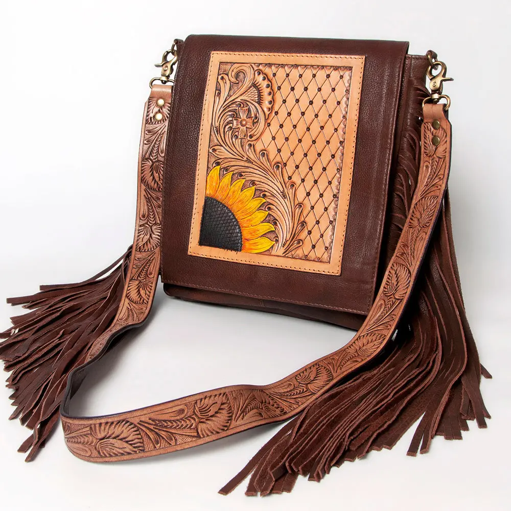 American Darling Cross Body Bag Hand Tooled Floral Carved Genuine Leather With Fringes Western Purse 1