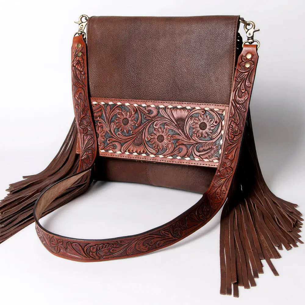 American Darling Messenger Hand Tooled Floral Carved Genuine Leather With Fringes Buck Stitched Western Accessories 2