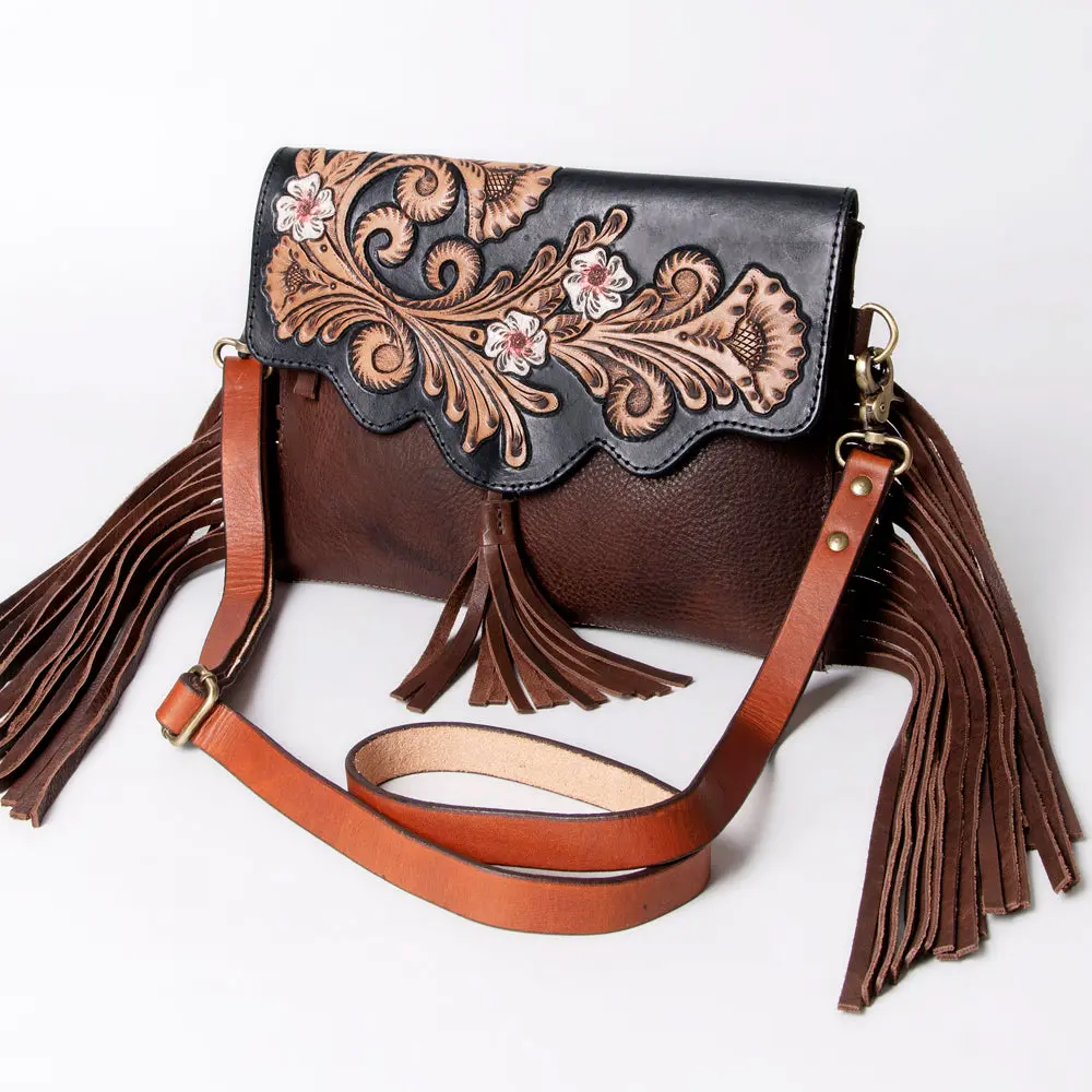 American Darling Messenger Bag Hand Tooled Floral Carved Genuine Leather With Fringes Western Purse 1