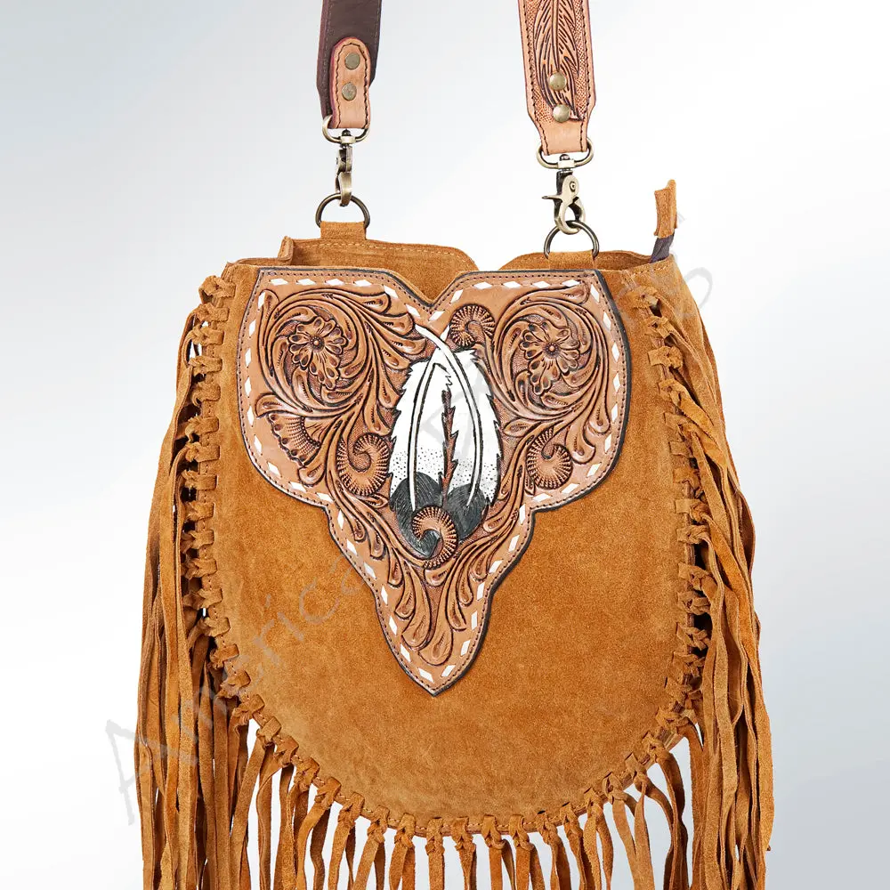 American Darling Large Cross Body Bag Genuine Suede Leather Hand Tooled Floral Carved With Fringes Buck Stitched Western Purse 1