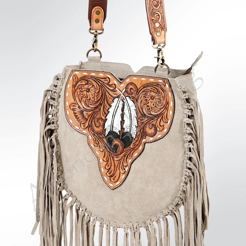 American Darling Large Cross Body Bag Genuine Suede Leather Hand Tooled Floral Carved With Fringes Buck Stitched Western Purse 1