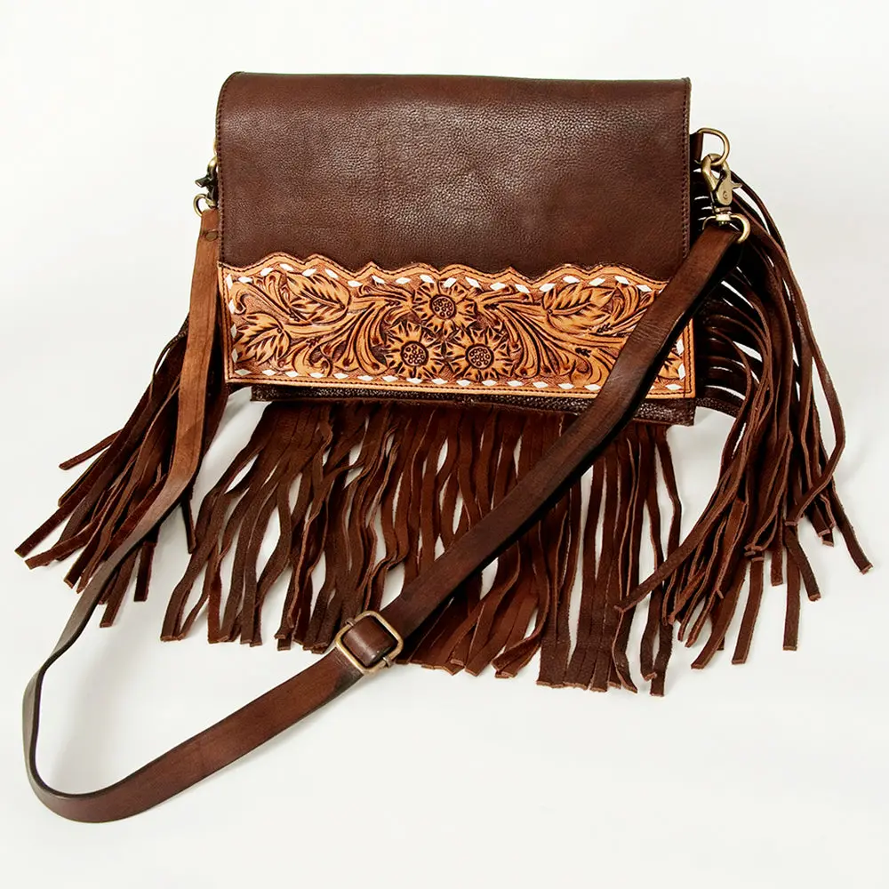 American Darling Large Cross Body Bag Hand Tooled Floral Carved Genuine Leather With Fringes Western Purse 1