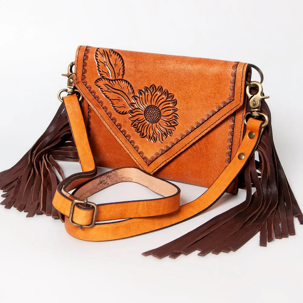 American Darling Envelope Bag Hand Tooled Floral Carved Genuine Leather With Fringes Western Purse 1