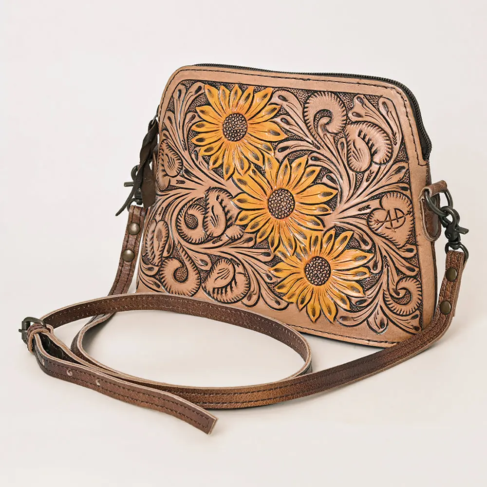 American Darling Small Cross Body Bag Hand Tooled Floral Carved Sunflower Genuine Leather Western Purse With Ykk Zipper 1