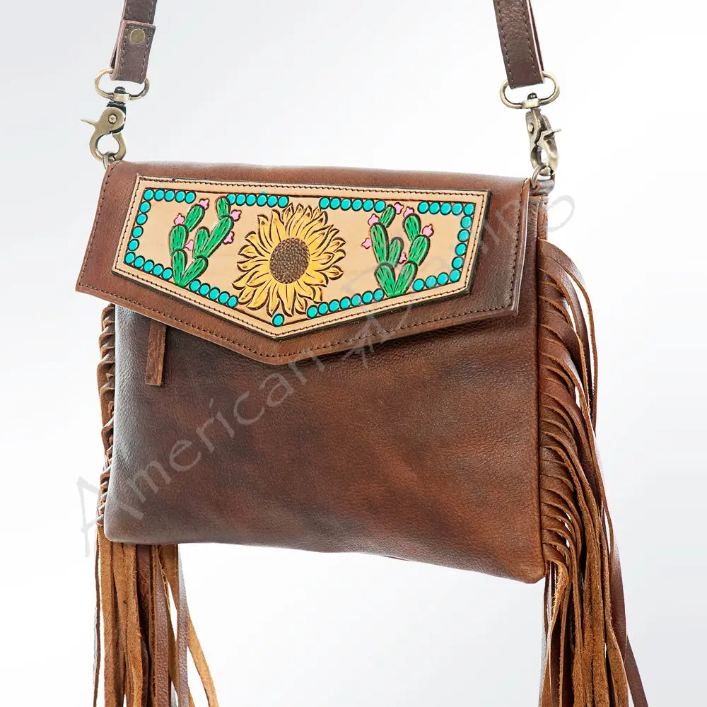 American Darling Women's Hand Tooled Floral Carved Leather Envelope Bag With Fringes And Eco-Friendly Full Grain Leather 1