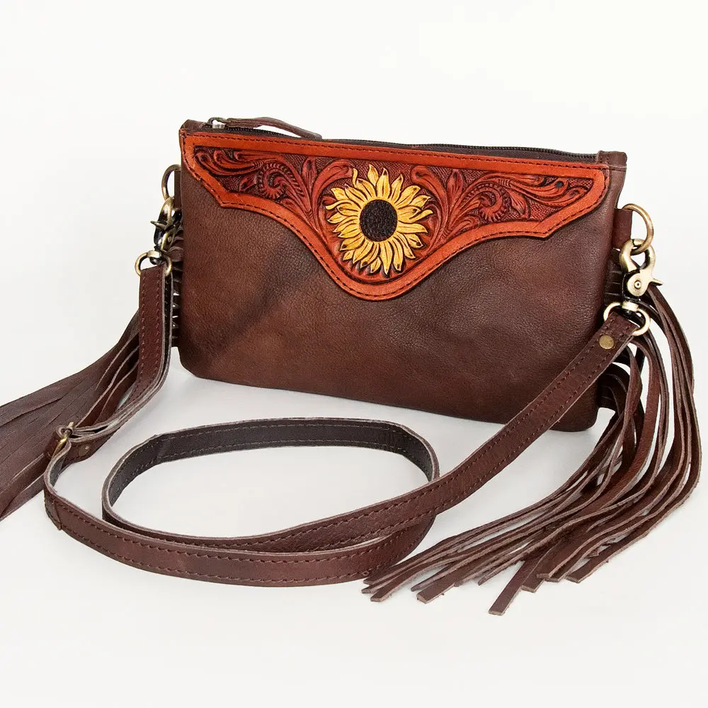 American Darling Women's Hand Tooled Sunflower Carved Leather Small Crossbody Bag With Fringes And Eco-Friendly Full Grain Leather 1