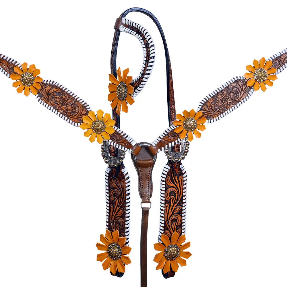 Western One Ear Horse Headstall Breast Collar Leather Bling Brown 1