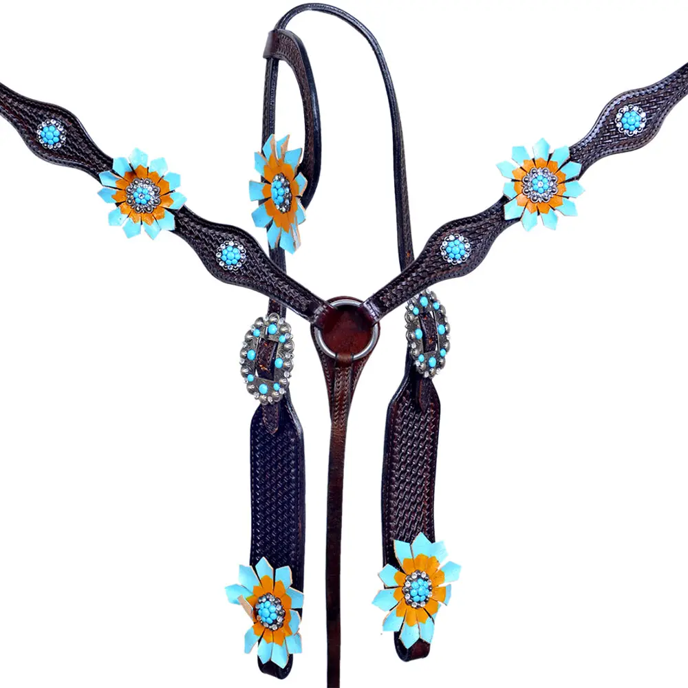 Western One Ear Horse Headstall Breast Collar Leather Brown Bling 1