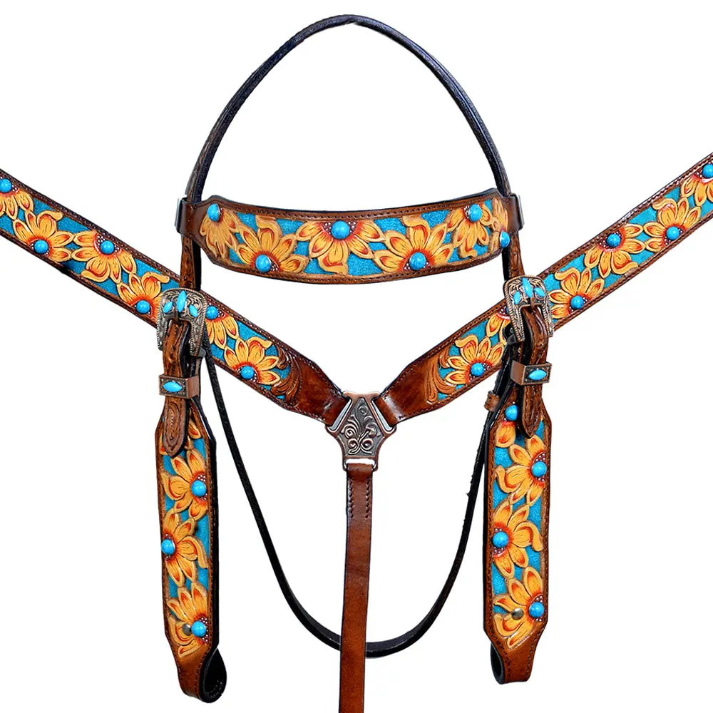 Hilason Western Horse Headstall Breast Collar Leather Floral Tan Turquoise 1